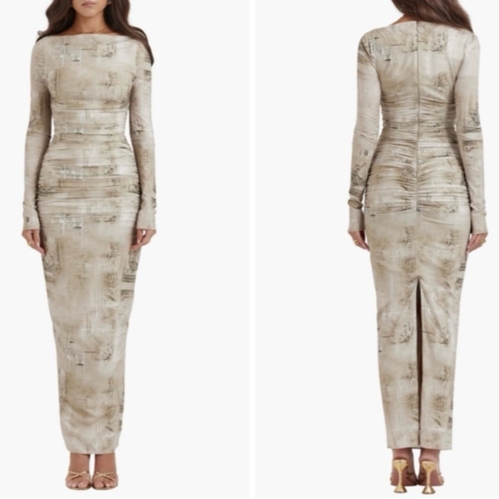 House of CB Lanetta Ruched Bateau Neck Long Sleeve Georgette Dress Sand Small S